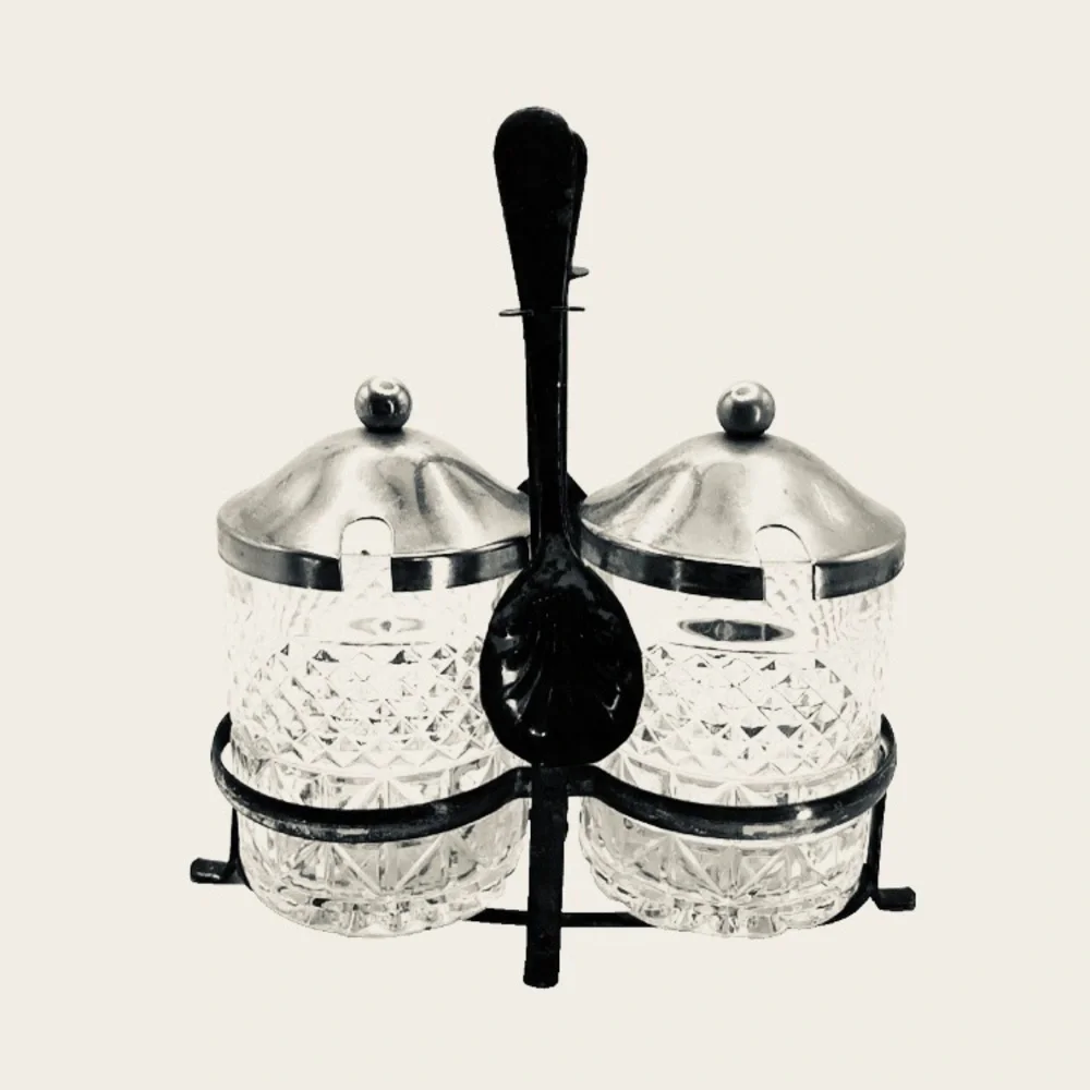 Vintage Sheffield Style Condiment Set Silver Plate Spoons Cut Glass Jars Lids